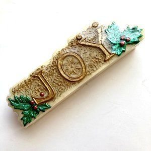 Vintage Christmas Candle JOY Holly Flower Gold Table Mantle Centerpiece Artmark